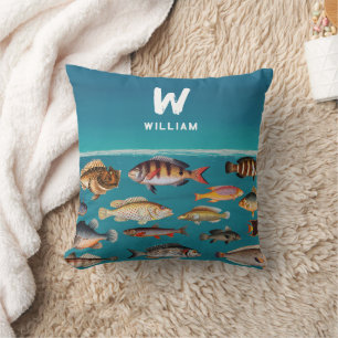 Monogrammed Fish Under Blue Ocean  Cushion