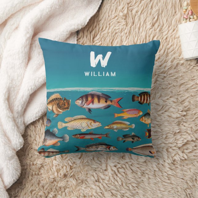 Monogrammed Fish Under Blue Ocean  Cushion (Blanket)