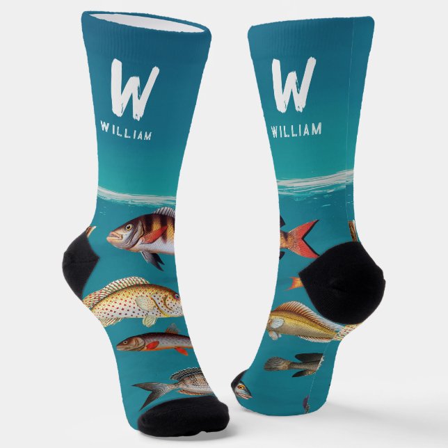 Monogrammed Fish Under Blue Ocean  Socks (Angled)