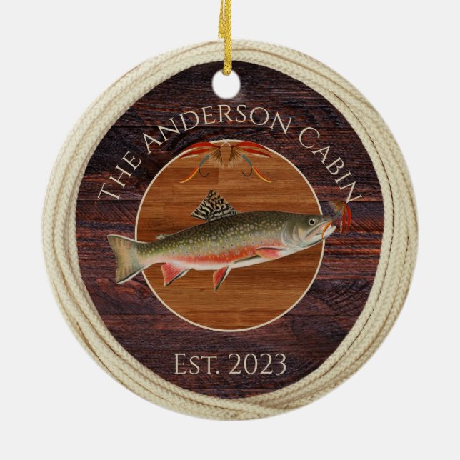Monogrammed Fishermen Fly Fishing Trout  Ceramic Ornament (Back)