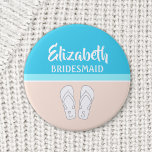 Monogrammed Flip-Flops Beach Wedding Bridesmaid 6 Cm Round Badge<br><div class="desc">Bridesmaids will love a cute and chic personalised button as a keepsake gift for a beach wedding. All text is simple to customise. This pin is a stylish accessory for a bridal shower, bachelorette party, or rehearsal dinner. Pastel coral and light turquoise blue design features bright white typography, name, initials,...</div>