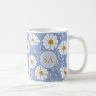Monogrammed Floral Blue, Orange, White Coffee Mug