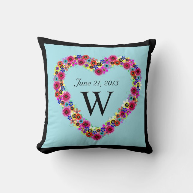 Monogrammed Floral Heart Wedding Date Cushion (Front)