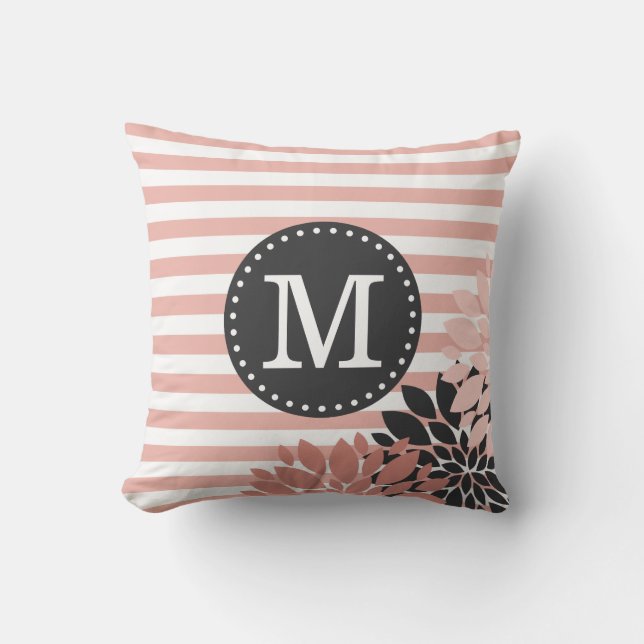 Monogrammed Floral Pink White Stripes Pattern Cushion (Front)