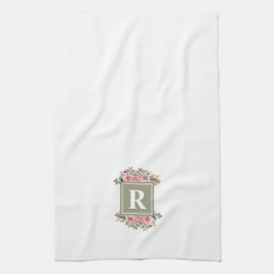 Monogrammed floral sage green and white elegant tea towel