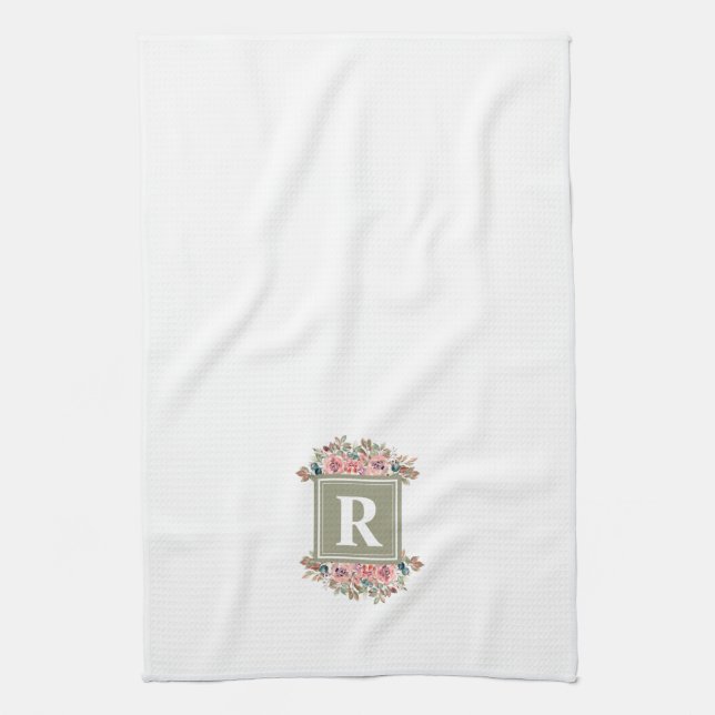 Monogrammed floral sage green and white elegant tea towel (Vertical)