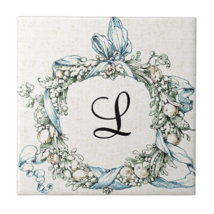Monogrammed Floral Wreath Ceramic Tile