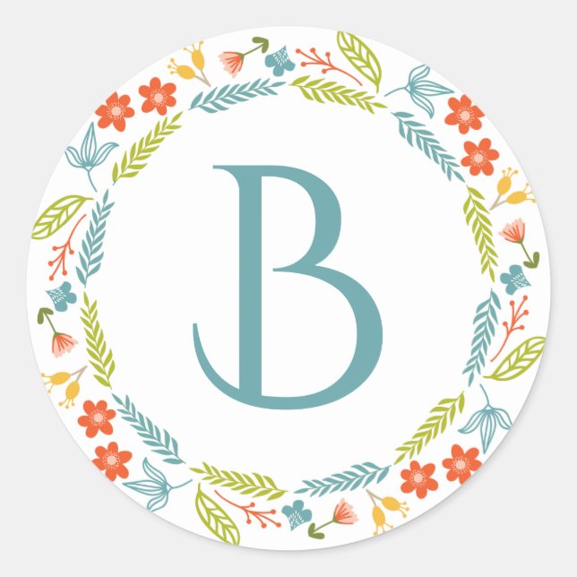 Monogrammed Flowers And Leafs Colourful Wreath Classic Round Sticker (Front)