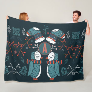 Monogrammed Folk Art Christmas Blue Red Owls Trees Fleece Blanket
