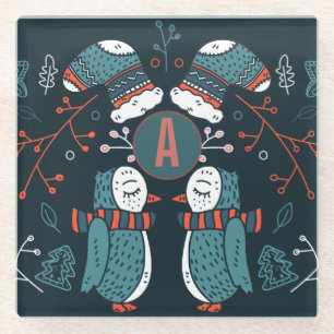 Monogrammed Folk Art Christmas Blue Red Owls Trees Glass Coaster