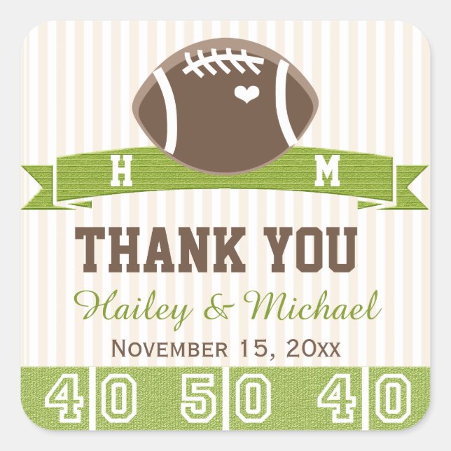 MONOGRAMMED FOOTBALL THANK YOU WEDDING FAVOR SQUARE STICKER (Front)