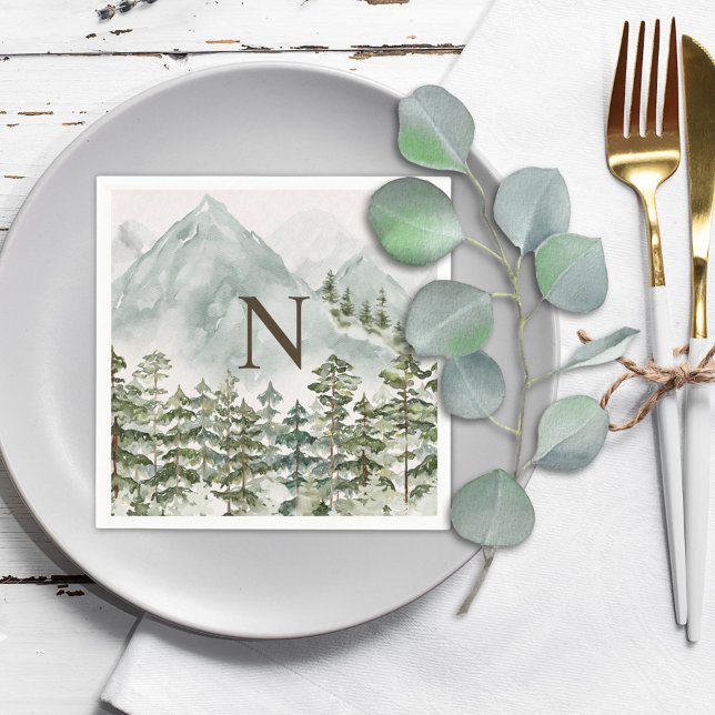Monogrammed Forest and Mountain Nature Watercolor Napkin (In situ)