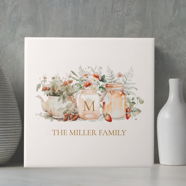 Monogrammed Forest Floral Botanical Family Name Ceramic Tile (In situ)