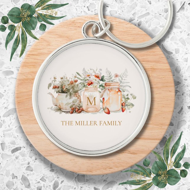 Monogrammed Forest Floral Botanical Family Name Key Ring (In situ)
