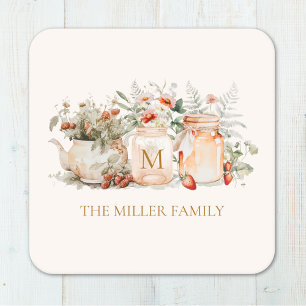 Monogrammed Forest Floral Botanical Family Name Square Paper Coaster