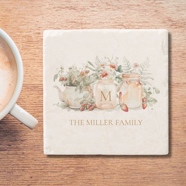 Monogrammed Forest Floral Botanical Family Name Stone Coaster (In situ)