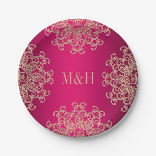 Monogrammed Fuchsia and Gold Indian Style Wedding Paper Plate