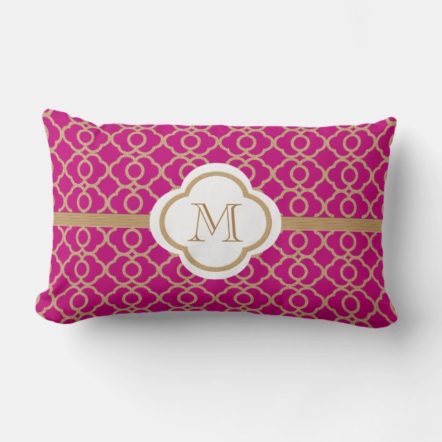 Monogrammed Fuchsia and Gold Moroccan Lumbar Cushion (Front)
