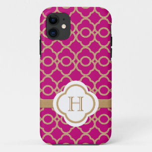 Monogrammed Fuchsia Pink Gold Moroccan iPhone 11 Case