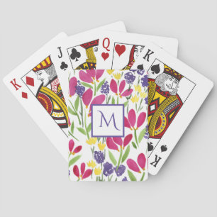 Monogrammed Garden Flowers Pink Purple Yellow Playing Cards