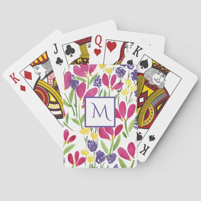 Monogrammed Garden Flowers  Pink Purple Yellow Playing Cards (Back)