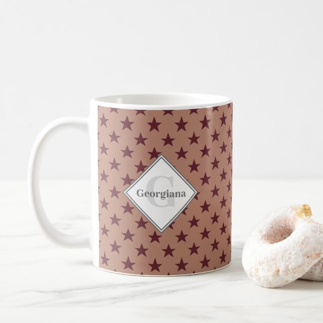 Monogrammed Geometric Cabernet Stars on Cork Coffee Mug (With Donut)