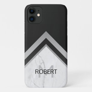Monogrammed Geometric Chevron Black Silver Marble iPhone 11 Case