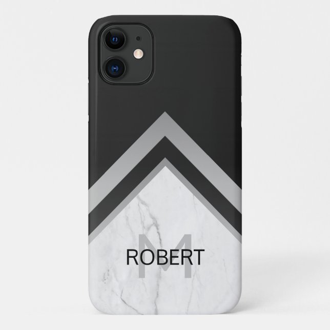 Monogrammed Geometric Chevron Black Silver Marble Case-Mate iPhone Case (Back)