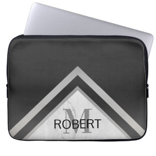 Monogrammed Geometric Chevron Black Silver Marble Laptop Sleeve