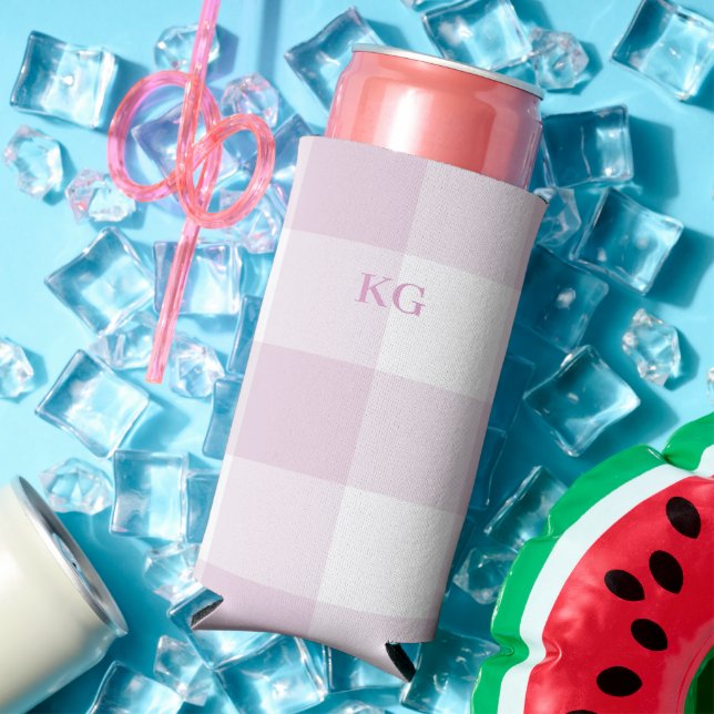 Monogrammed Gingham Check Pink Seltzer Can Cooler (In Situ Summer)