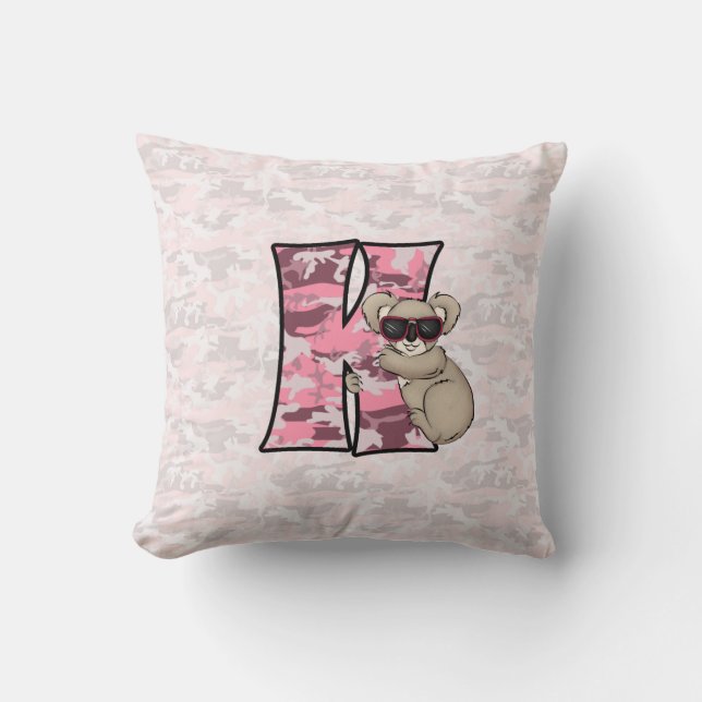 Monogrammed Girls Pink Camouflage Koala Letter K Cushion (Front)