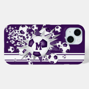 monogrammed girls soccer ball blowout purple iPhone 15 case