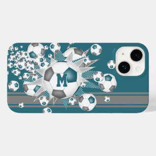 monogrammed girls soccer balls stars teal grey Case-Mate iPhone 14 case