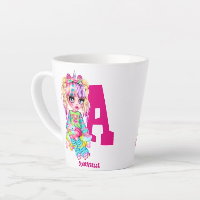 Monogrammed Girls Unicorn Cute Pretty Personalised Latte Mug (Left Angle)