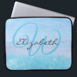 Monogrammed Girly Blue Ombre Soft Glitter Shimmer Laptop Sleeve<br><div class="desc">Girly laptop sleeve which you can personalise with your monogram. Add your initial and your name in aqua blue and dark grey elegant script typography to this chic and trendy ombre backdrop. The ombre is a blend of woodgrain and soft shimmer glitter dust in pretty aqua blue. Please browse our...</div>