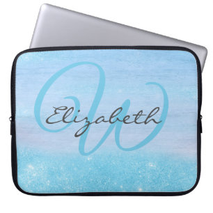 Monogrammed Girly Blue Ombre Soft Glitter Shimmer Laptop Sleeve