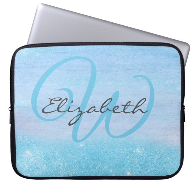 Monogrammed Girly Blue Ombre Soft Glitter Shimmer Laptop Sleeve (Front)