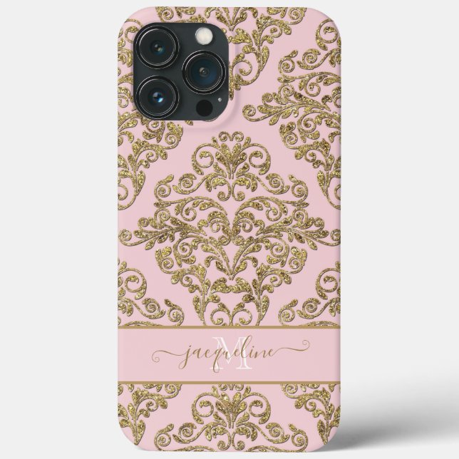 Monogrammed Girly Pink n Gold Glitter Damask Name Case-Mate iPhone Case (Back)