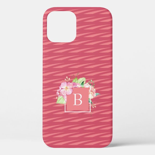 Monogrammed Girly Pink & Pink Coral Floral Case-Mate iPhone Case (Back)