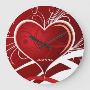 Monogrammed Girly Red & White Abstract Heart Large Clock