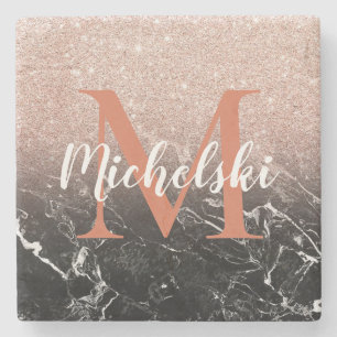 Monogrammed Glitter and Marble Stone Coaster