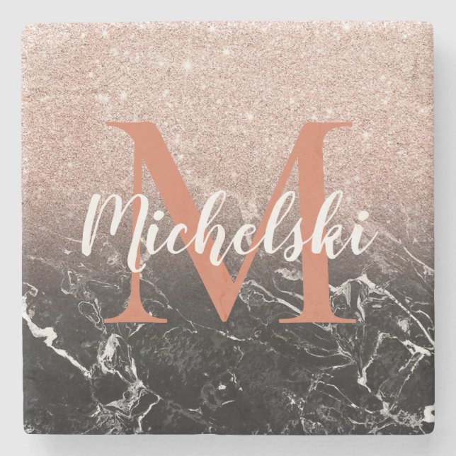 Monogrammed Glitter and Marble Stone Coaster (Front)
