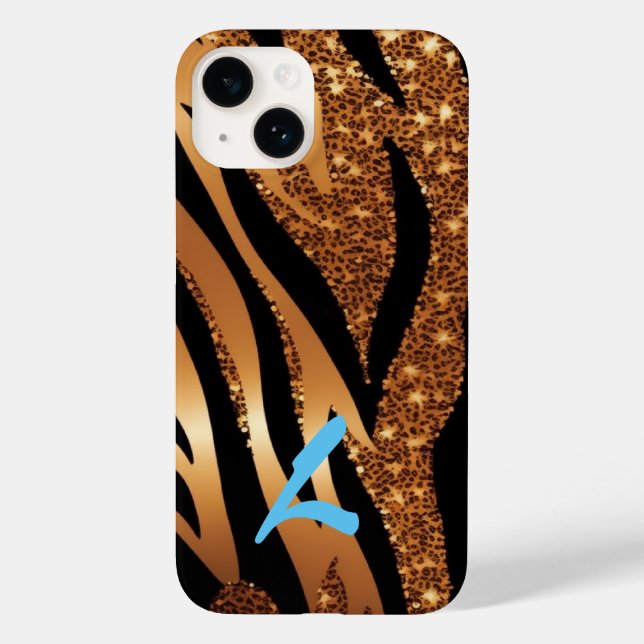 Monogrammed Gold Agate Tiger Leopard Glitter Case-Mate iPhone Case (Back)