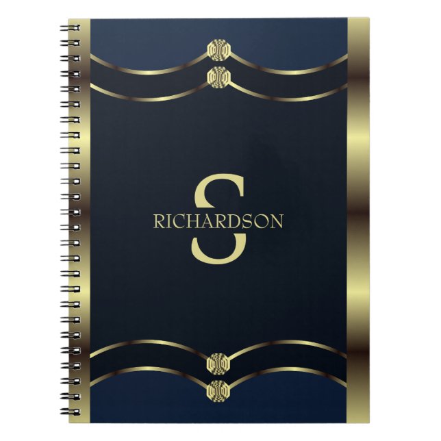 Monogrammed Gold And Navy Blue Geometric Notebook (Front)