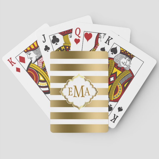 Monogrammed Gold And White Geometric Stripes Playing Cards (Back)