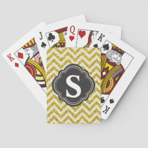 Monogrammed Gold & Black Faux Glitter Chevron   Playing Cards