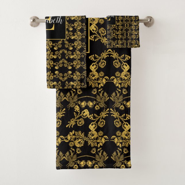 Monogrammed Gold & black Floral print pattern Bath Towel Set (Insitu)