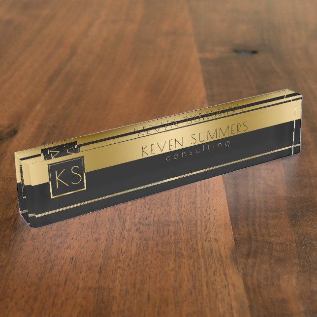 Monogrammed Gold & Black Modern Design Nameplate (Side)