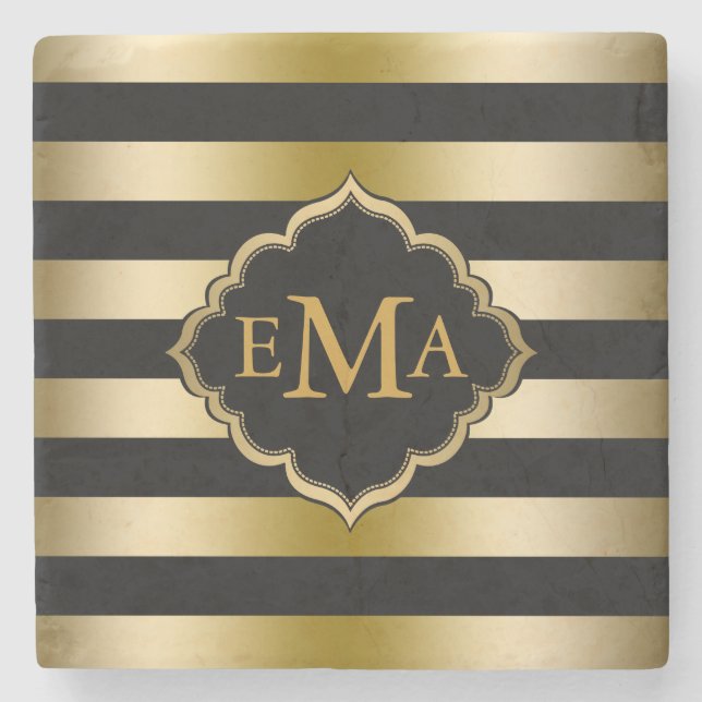 Monogrammed Gold & Black Stripes Geometric Pattern Stone Coaster (Front)