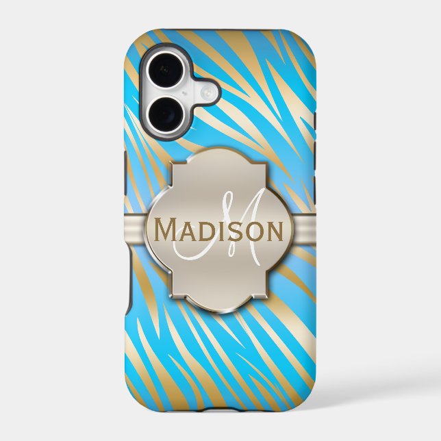 Monogrammed Gold Blue Zebra Print Pattern (Back)